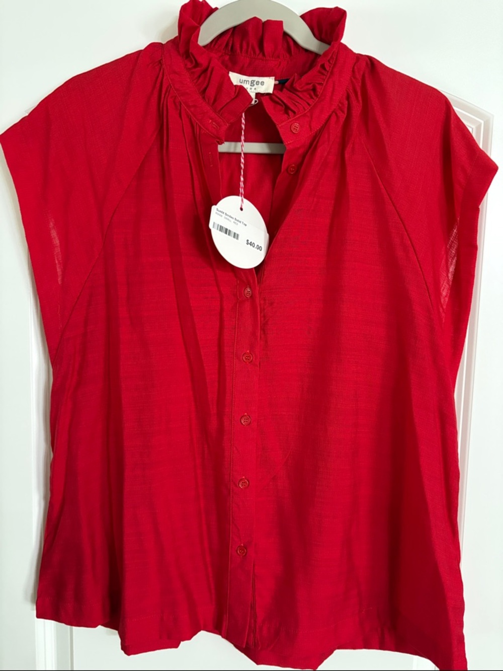 Umgee Bright Red Ruffle-Neck Cap Sleeve Button Front Blouse